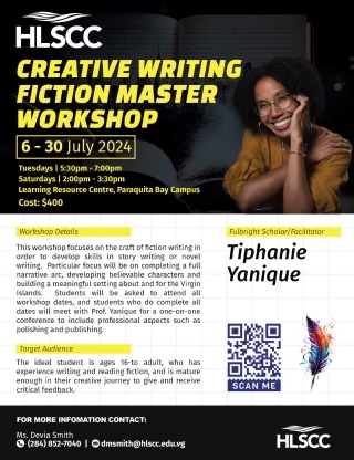 Flyer for the HLSCC Creative Writing Fiction Master Workshop taking place from July 6-30, 2024. The flyer has a QR code leading to more information about the workshop.